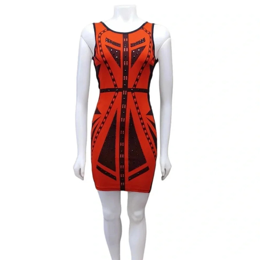 Heartbeat Mini Black  Red Embellishment Sleeveless Body Con Dress Size Small